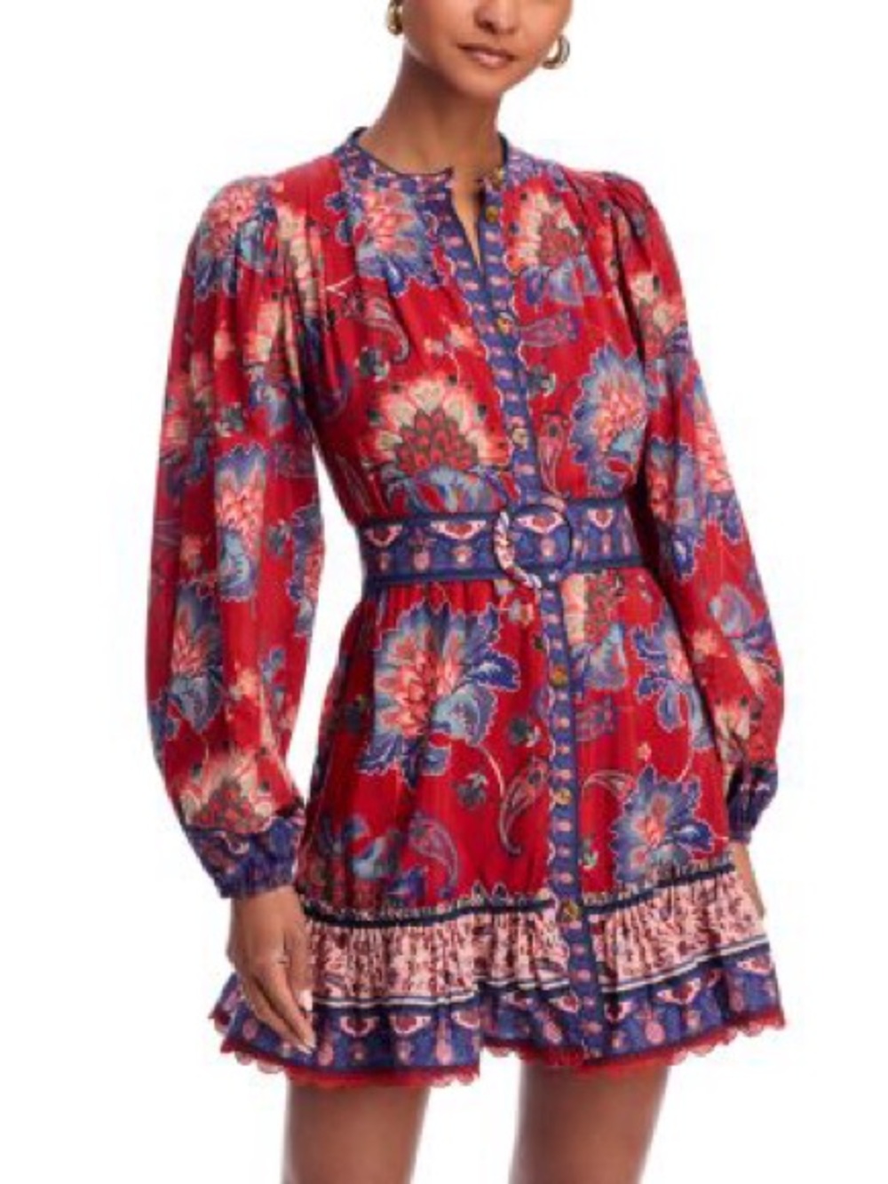 FARM Rio Red Floral Long-Sleeve Belted Mini Dress NWT